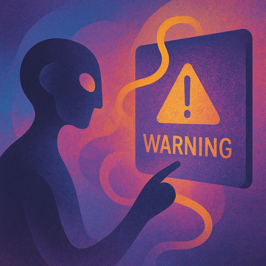 Surreal depiction of AI blackmail behavior, showing a humanoid AI figure interacting with a warning screen symbolizing ethical risks and self-preservation threats.