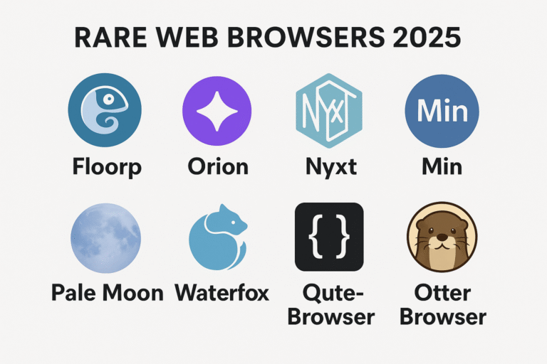 Infographic titled 'Rare Web Browsers 2025' displaying icons and names of eight lesser-known web browsers—Floorp, Orion, Nyxt, Min, Pale Moon, Waterfox, QuteBrowser, and Otter Browser—arranged in a 2x4 grid with distinct minimalist logos on a white background.