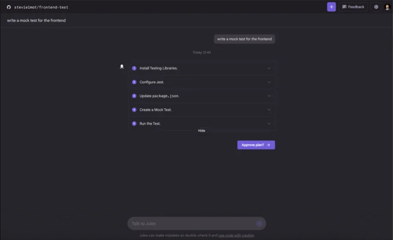 Jules by Google showing a 5-step plan to write a frontend mock test