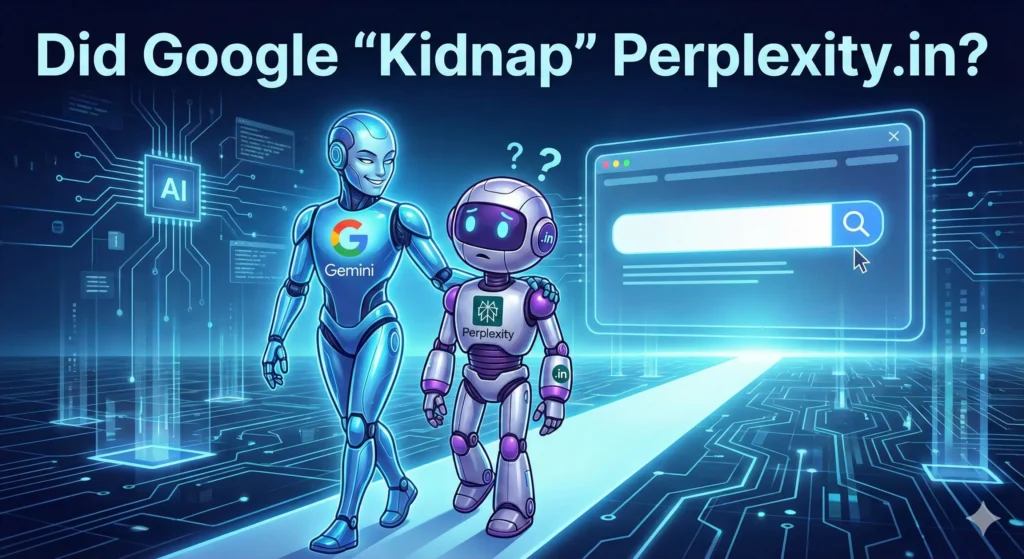 llustration of a robot holding a bag, symbolizing the Perplexity.in redirect mystery.