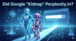 llustration of a robot holding a bag, symbolizing the Perplexity.in redirect mystery.