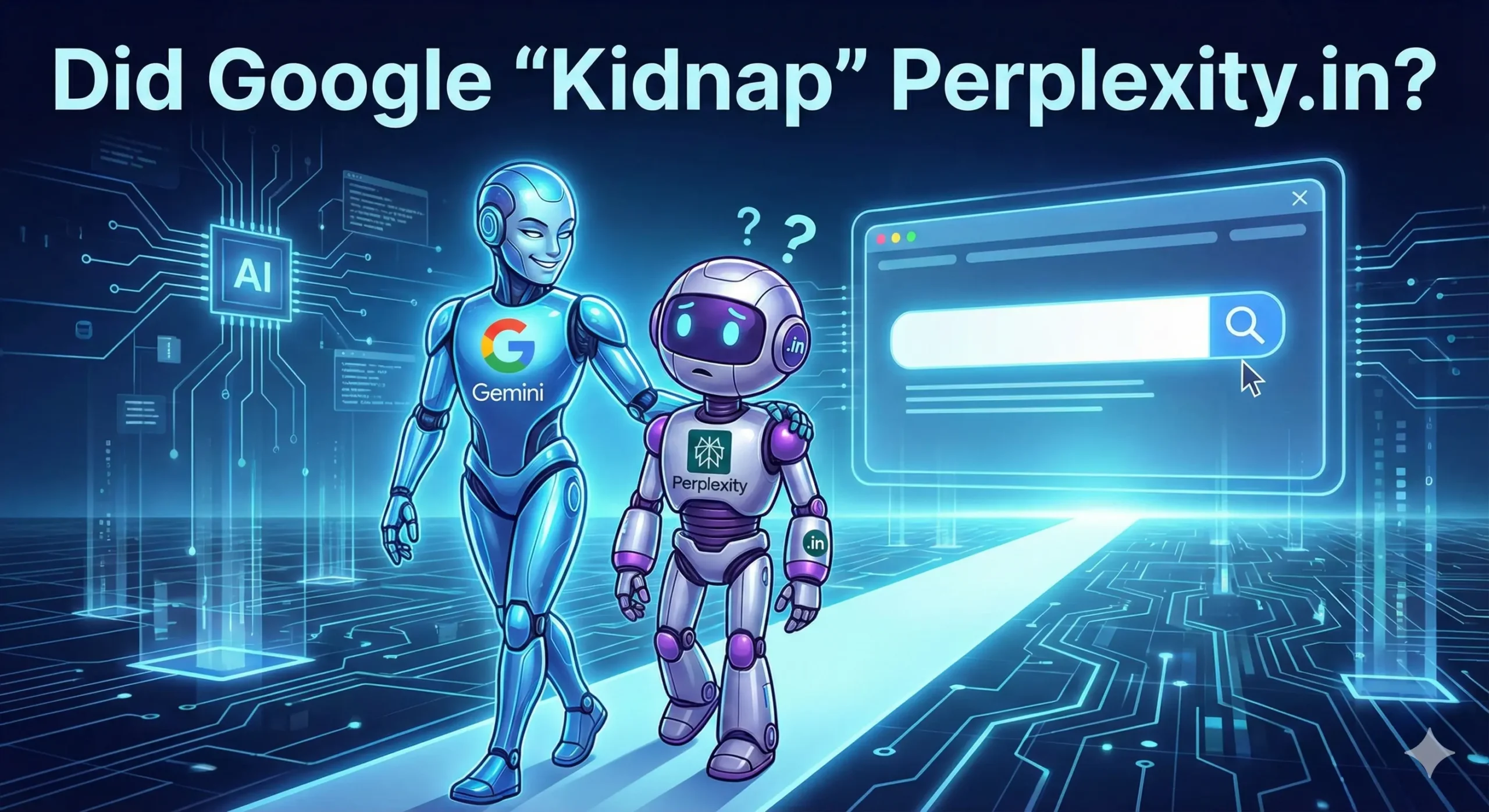 llustration of a robot holding a bag, symbolizing the Perplexity.in redirect mystery.