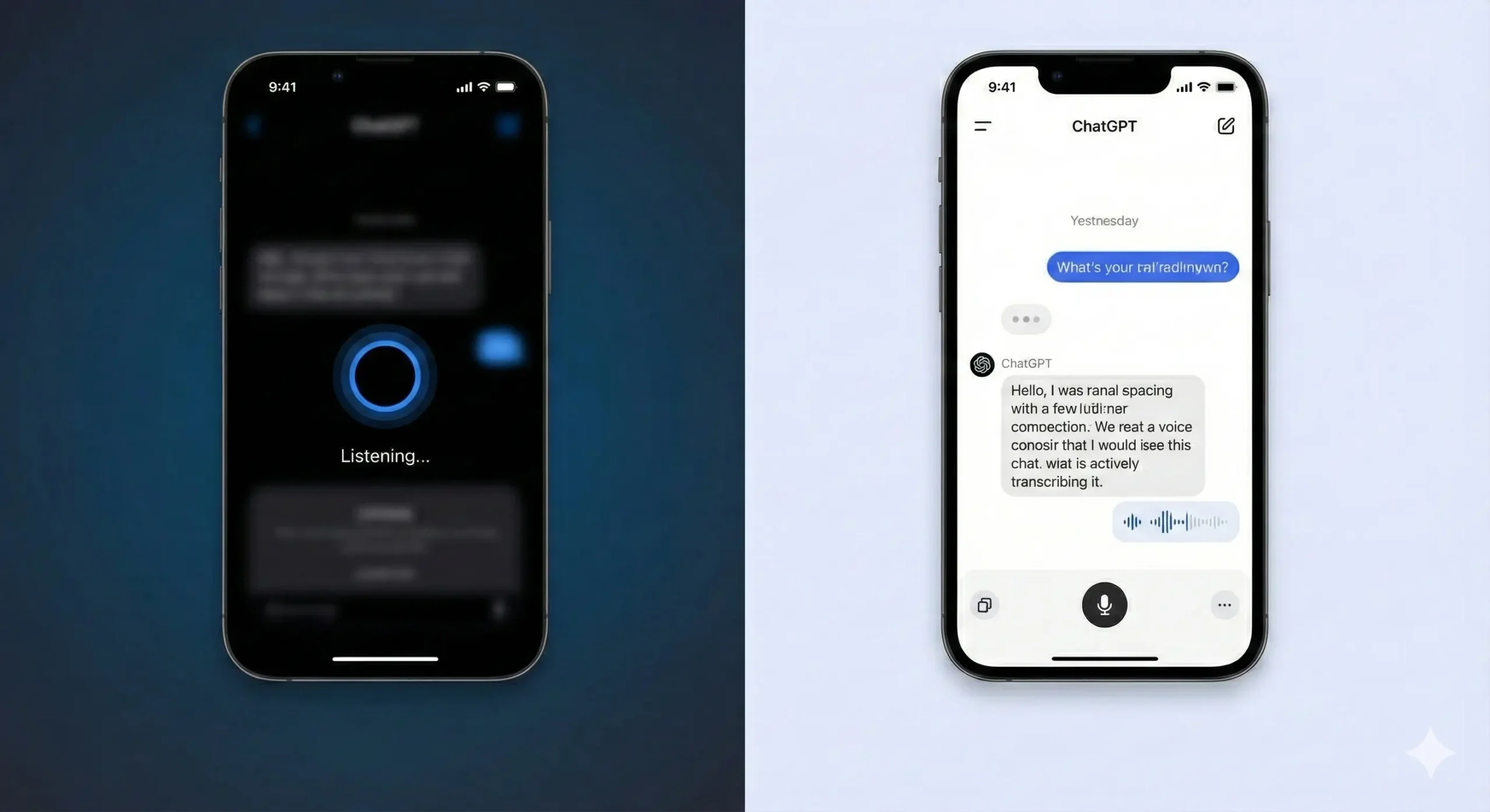 A split screen showing the old ChatGPT blue circle interface versus the new integrated text chat interface.